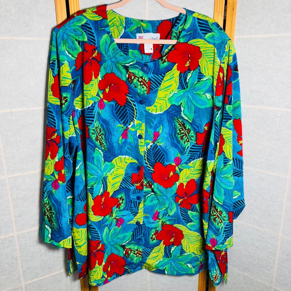 Women's 3XL A Personal Touch Tropical Long Sleeve Button Up Blouse‎ Floral